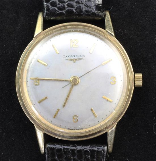 A gentlemans early 1960s 9ct gold Longines manual wind wrist watch,